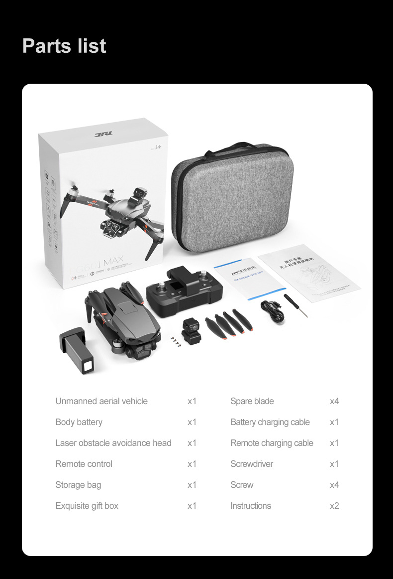 RG601MAX Quadcopter Drone 5G Video Transmission GPS Dual Camera with WiFi Professional Aerial Camera Laser Obstacle Avoidance System Brushless Motors 3 Batteries