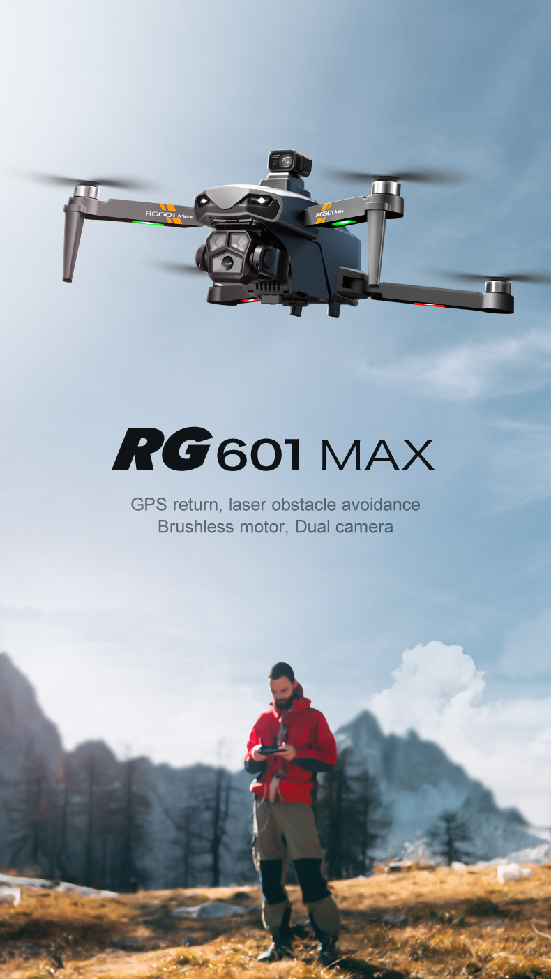 RG601MAX Quadcopter Drone 5G Video Transmission GPS Dual Camera with WiFi Professional Aerial Camera Laser Obstacle Avoidance System Brushless Motors 3 Batteries