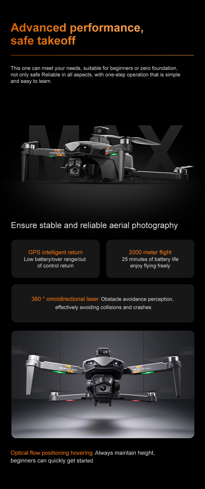 RG601MAX Quadcopter Drone 5G Video Transmission GPS Dual Camera with WiFi Professional Aerial Camera Laser Obstacle Avoidance System Brushless Motors 3 Batteries