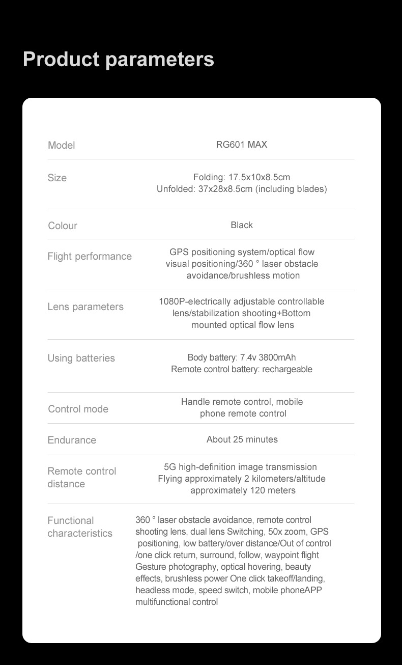 RG601MAX Quadcopter Drone 5G Video Transmission GPS Dual Camera with WiFi Professional Aerial Camera Laser Obstacle Avoidance System Brushless Motors 3 Batteries