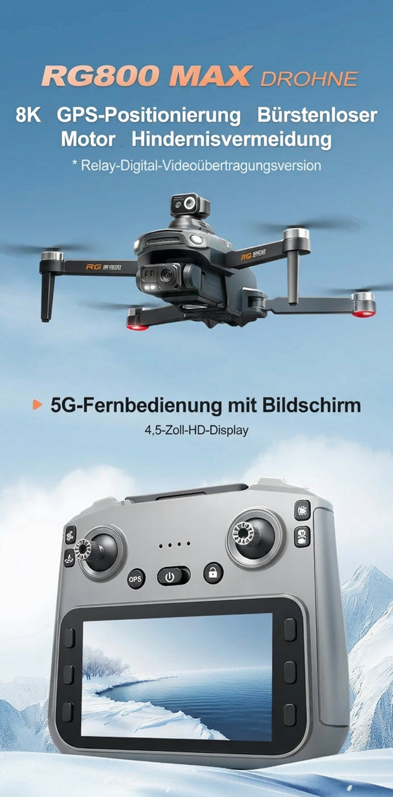 RG800MAX Drone - 3 Batteries, 4.5-inch HD Large Screen Remote Controller, 5km 5G Digital Relay Video Transmission, Brushless Motors, GPS, Laser Obstacle Avoidance, Easy Flight Operation for Beginners