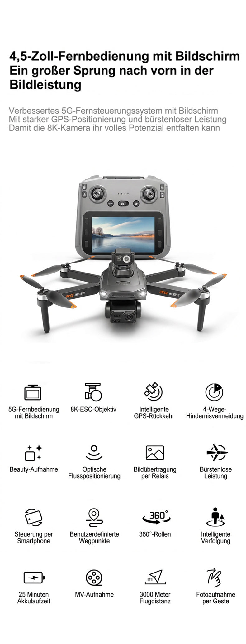 RG800MAX Drone - 3 Batteries, 4.5-inch HD Large Screen Remote Controller, 5km 5G Digital Relay Video Transmission, Brushless Motors, GPS, Laser Obstacle Avoidance, Easy Flight Operation for Beginners