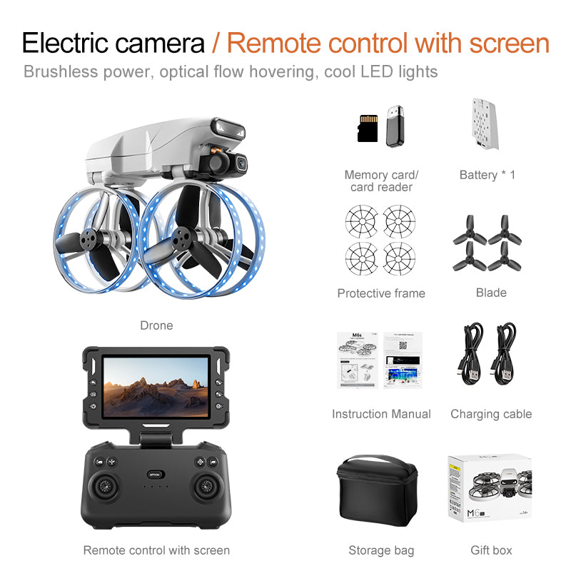 M6S Drone – Foldable Design with 4.3-inch Screen and Remote Control Antenna, Optical Flow Positioning, and LED-lit Propeller Guard