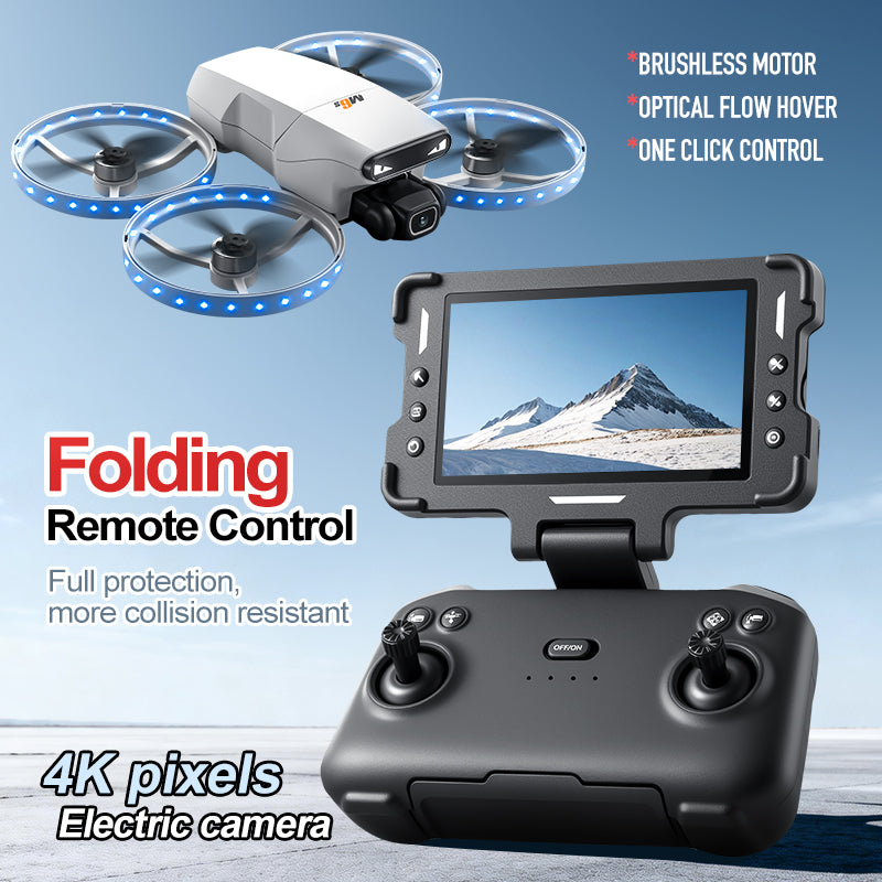 M6S Drone – Foldable Design with 4.3-inch Screen and Remote Control Antenna, Optical Flow Positioning, and LED-lit Propeller Guard