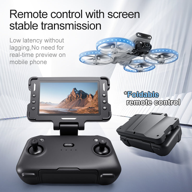 M6S Drone – Foldable Design with 4.3-inch Screen and Remote Control Antenna, Optical Flow Positioning, and LED-lit Propeller Guard