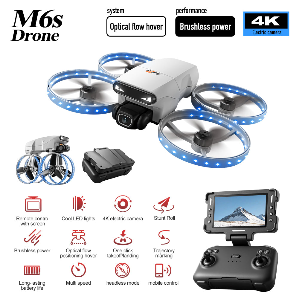 M6S Drone – Foldable Design with 4.3-inch Screen and Remote Control Antenna, Optical Flow Positioning, and LED-lit Propeller Guard