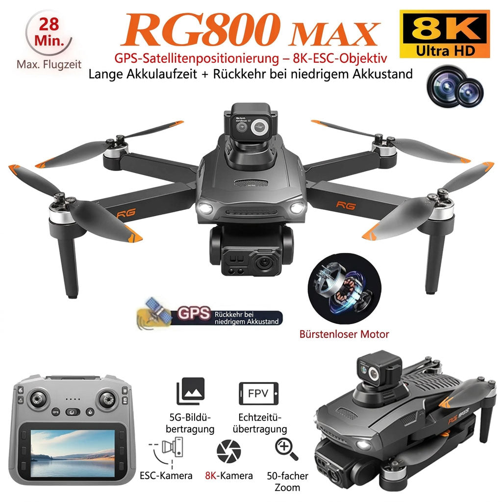 RG800MAX Drone - 3 Batteries, 4.5-inch HD Large Screen Remote Controller, 5km 5G Digital Relay Video Transmission, Brushless Motors, GPS, Laser Obstacle Avoidance, Easy Flight Operation for Beginners