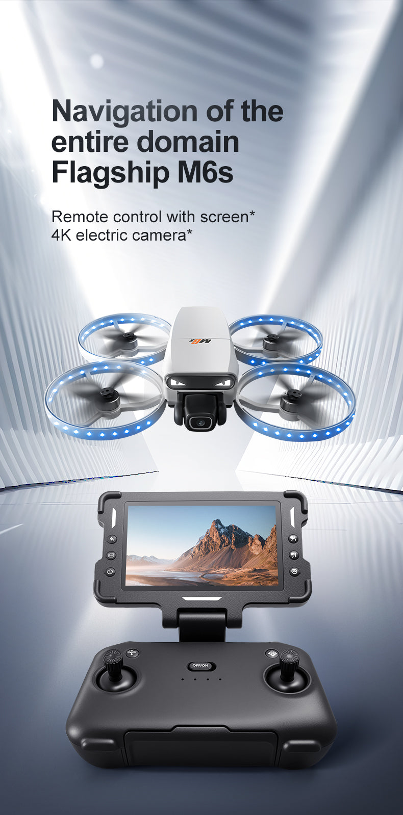 M6S Drone – Foldable Design with 4.3-inch Screen and Remote Control Antenna, Optical Flow Positioning, and LED-lit Propeller Guard