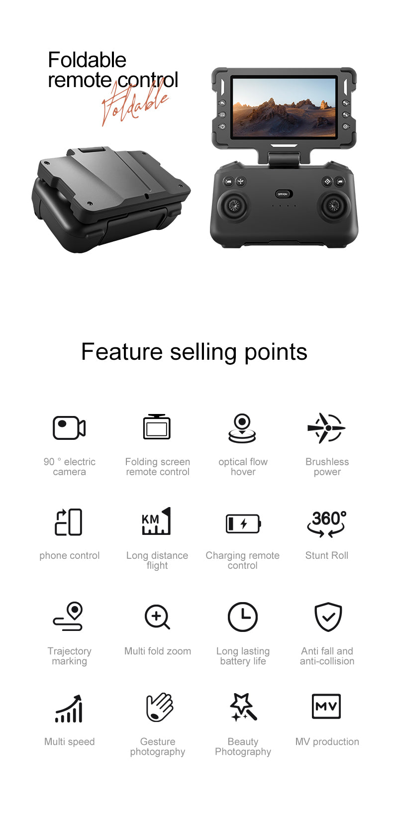 M6S Drone – Foldable Design with 4.3-inch Screen and Remote Control Antenna, Optical Flow Positioning, and LED-lit Propeller Guard