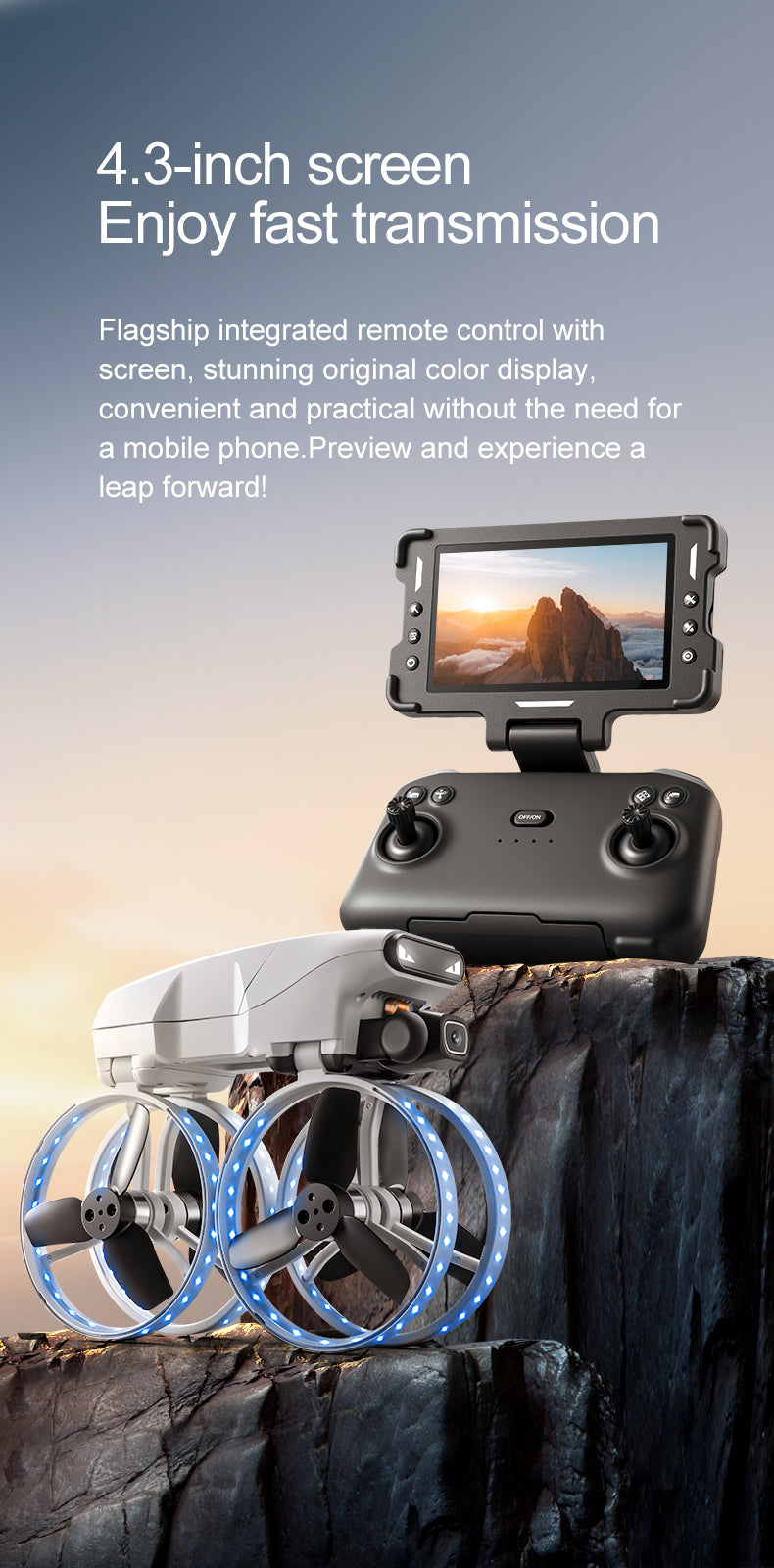 M6S Drone – Foldable Design with 4.3-inch Screen and Remote Control Antenna, Optical Flow Positioning, and LED-lit Propeller Guard