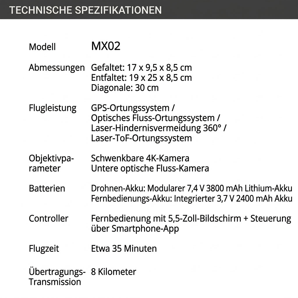 MX02, Fernbedienung mit Touchscreen 5,5 Zoll, Integrierte Abwurffunktion, Last 250g, Reichweite 8km, Höhe 300m, 4K Kamera, 35Min Akkulaufzeit, Mehrfache GPS-Rückkehr, vlog, Hochzeit, Reise, Familie, <250g, Lokale Lieferung