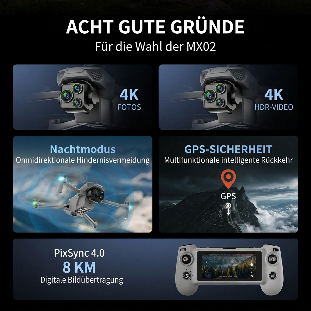 MX02, Fernbedienung mit Touchscreen 5,5 Zoll, Integrierte Abwurffunktion, Last 250g, Reichweite 8km, Höhe 300m, 4K Kamera, 35Min Akkulaufzeit, Mehrfache GPS-Rückkehr, vlog, Hochzeit, Reise, Familie, <250g, Lokale Lieferung