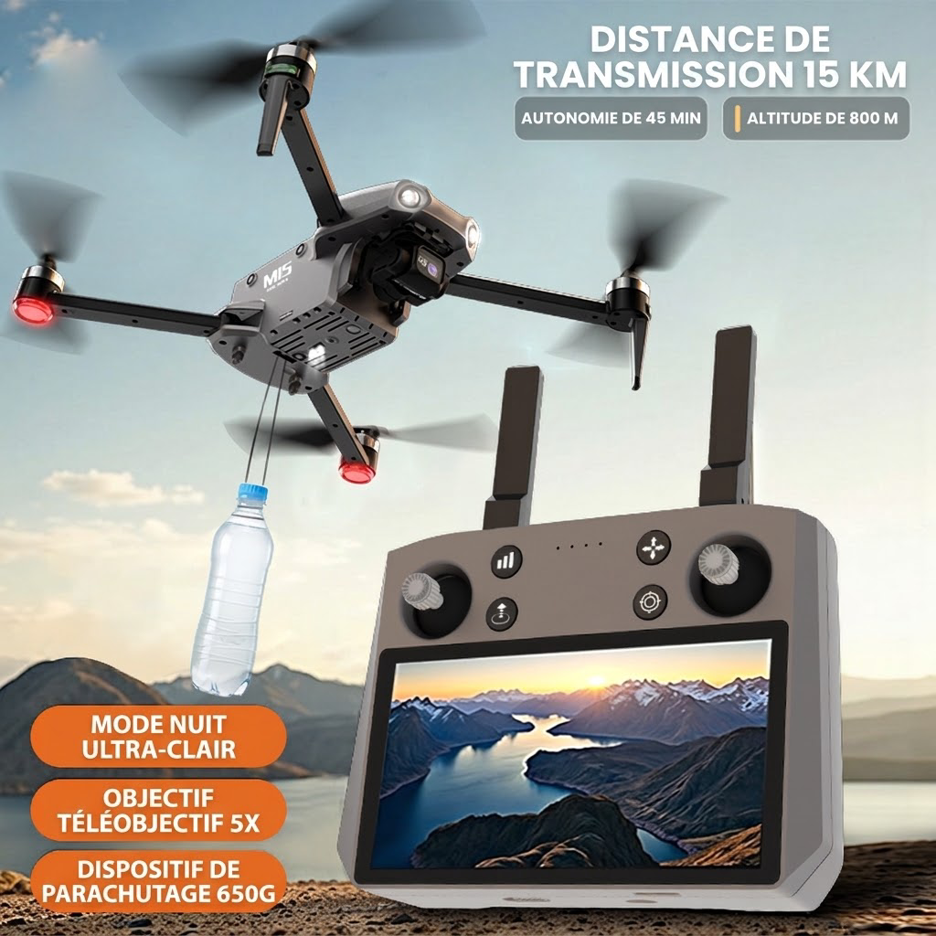 Drohne M15 PRO MAX | 600g Abwurfnutzlast, 3-Achsen-Gimbal, 360°-Laser-Hindernisvermeidung, 45 Min. Flugzeit, 30 km Hin- und Rückflugreichweite, 4K 48MP Kamera mit Touchscreen-Fernbedienung
